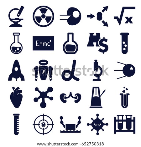 Science icons set. set of 25 science filled icons such as rocket, test tube, heart organ, kidney, bacteria, heart test tube, microscope, dna, atom, pendulum