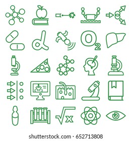 Science icons set. set of 25 science outline icons such as microscope, pill, liver, eye, satellite, hair, medical ampoule, x-ray on display, brain surgery, book