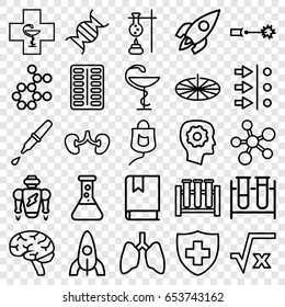 Science icons set. set of 25 science outline icons such as rocket, gear in head, test tube, pill, brain, kidney, medical sign, drop counter, pipette, dna, medicine, pharmacy
