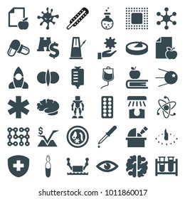 Science icons. set of 36 editable filled science icons such as paper and apple, test tube, pipette, pill, drop counter, eye, medical sign, atom fusion, microorganism, core