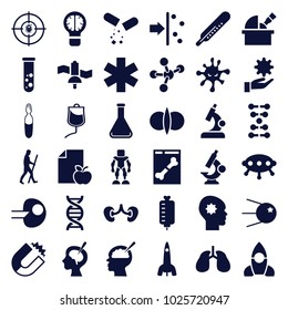 Science icons. set of 36 editable filled science icons such as thermometer, magnet, lungs, kidney, atom fusion, dna, core, ufo, drop counter, medical ampoule, brain surgery