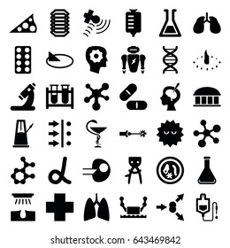 Science icons set. set of 36 science filled icons such as observatory, hair removal, gear in head, test tube, drop counter, microscope, pill, lungs, bacteria, satellite, dna