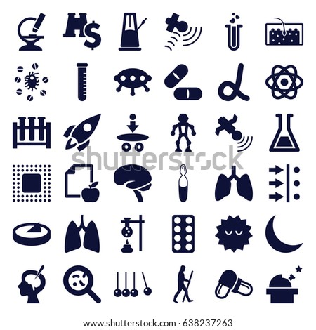 Science icons set. set of 36 science filled icons such as paper and apple, pill, bacteria, brain, heart test tube, satellite, microscope, hair, medical ampoule, brain surgery
