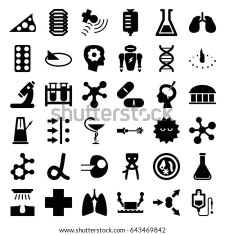 Science icons set. set of 36 science filled icons such as observatory, hair removal, gear in head, test tube, drop counter, microscope, pill, lungs, bacteria, satellite, dna