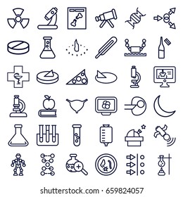 Science icons set. set of 36 science outline icons such as themometer, microscope, pill, drop counter, ampoule, bladder, x ray, satellite, test tube, dna, x-ray on display