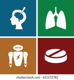 Science icons set. set of 4 science filled icons such as pill, brain surgery, lungs