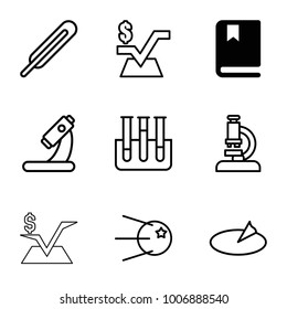 Science icons. set of 9 editable outline science icons such as book, mathematical square, themometer, microscope, core, test tube