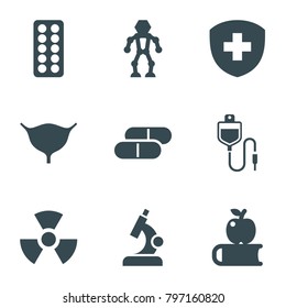 Science icons. set of 9 editable filled science icons such as apple on book, robot, radiation, drop counter, microscope, pill, bladder