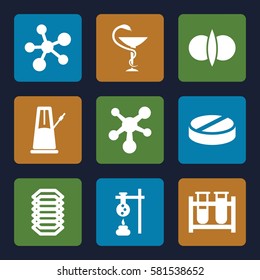 science icons set. Set of 9 science filled icons such as test tube, pill, medicine, atom, electric circuit, pendulum