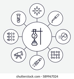 science icons set. Set of 9 science outline icons such as pipette, bacteria, electric circuit, telescope, test tube, rocket, atom move