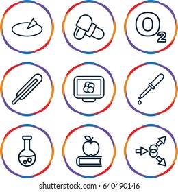 Science icons set. set of 9 science outline icons such as pipette, themometer, pill, sundial, apple on book, atom move, test tube, atom on display