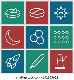 Science icons set. set of 9 science outline icons such as thermometer, pill, bacteria, crescent, rocket, electric circuit, sundial, pendulum