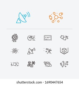 Science icons set. Atomic physics and science icons with gynaecology, geographic globe and radio telescope. Set of medical for web app logo UI design.