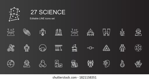 conjunto de iconos de ciencia. Colección de ciencia con inteligencia artificial, tubos, profesor, tabla periódica, molécula, aristóteles, mars, nuclear. Iconos científicos editables y escalables.
