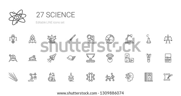 science icons\
set. Collection of science with artificial intelligence, mars\
rover, electronic, robot, flask, industrial robot, comet, periodic\
table. Editable and scalable science\
icons.