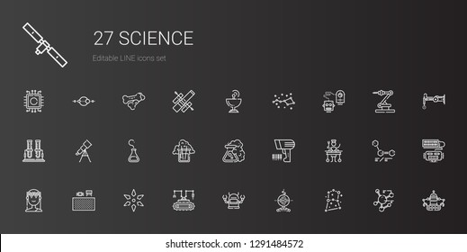 science icons set. Collection of science with constellation, robot, components, muse, large, scanning, flask, telescope, test tube, satellite dish. Editable and scalable science icons.