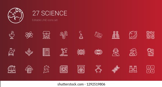 science icons set. Collection of science with dna, industrial robot, radiation, cpu, constellation, flask, observatory, plato, magnetic field. Editable and scalable science icons.