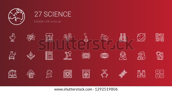 science icons\
set. Collection of science with dna, industrial robot, radiation,\
cpu, constellation, flask, observatory, plato, magnetic field.\
Editable and scalable science\
icons.