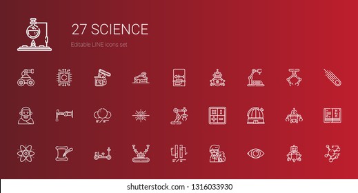 science icons set. Collection of science with eye, professor, ph, industrial robot, moon rover, literature, atom, observatory, math, big bang. Editable and scalable science icons.