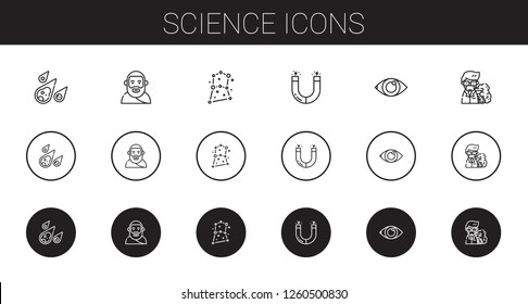 science icons set. Collection of science with meteorite, plato, constellation, magnet, eye, professor. Editable and scalable science icons.