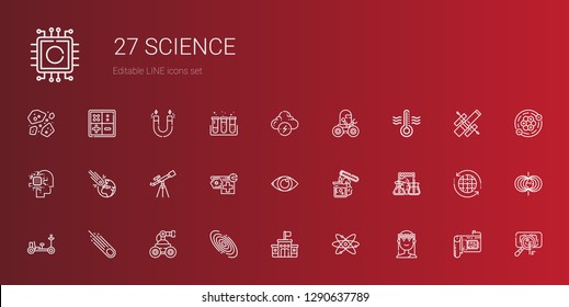 science icons set. Collection of science with muse, atomic, school, galaxy, robot, asteroid, moon rover, flask, test tube, eye, telescope. Editable and scalable science icons.