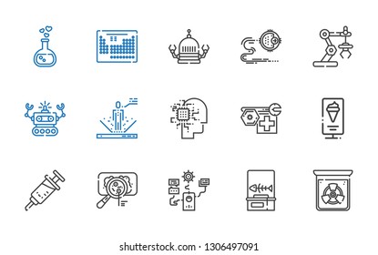 science icons set. Collection of science with radiation, fishbone, robot, virus, vaccine, standee, artificial intelligence, industrial robot. Editable and scalable science icons.