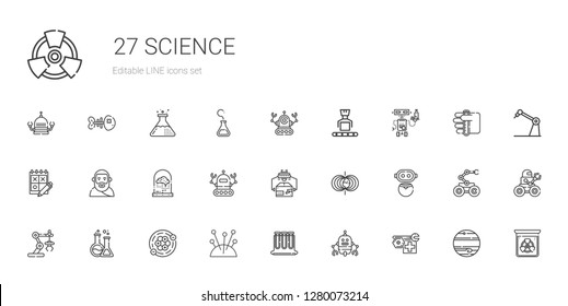 science icons set. Collection of science with robot, test tubes, needles, atoms, flask, industrial robot, magnetic field, brain, plato, trial. Editable and scalable science icons.