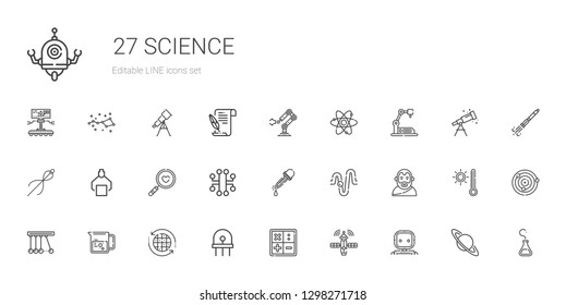 science icons set. Collection of science with robot, satellite, math, diode, earth grid, beaker, newton, aristotle, physics, eyedropper, electronic. Editable and scalable science icons.