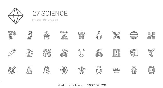 science icons set. Collection of science with robot, magnet, thermometer, atom, plato, flask, hubble space telescope, industrial robot, cpu. Editable and scalable science icons.