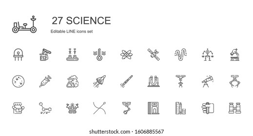 science icons set. Collection of science with school material, divider, industrial robot, needle, robot, molecules, medicine, flask, rocket ship. Editable and scalable science icons.