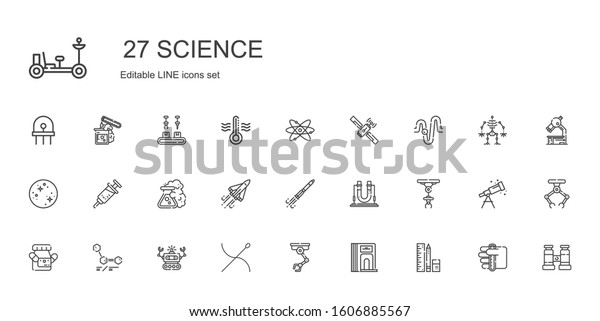 science icons\
set. Collection of science with school material, divider,\
industrial robot, needle, robot, molecules, medicine, flask, rocket\
ship. Editable and scalable science\
icons.