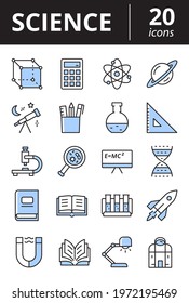 Science icons set. Collection simple outline symbols related in chemistry, medicine, astronomy, physics.