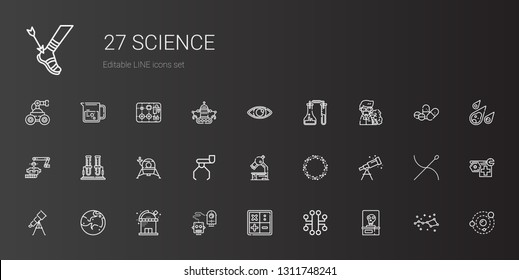 science icons set. Collection of science with skeleton, electronic, math, robot, observatory, mars, telescope, asteroid, microscope, lander. Editable and scalable science icons.