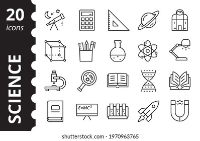 Science icons set. Collection symbols related research in medicine, astronomy, physics. Simple outline signs.