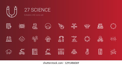 science icons set. Collection of science with thermometer, robot, test tube, industrial robot, divider, molecule, moon phases, flask, physics. Editable and scalable science icons.
