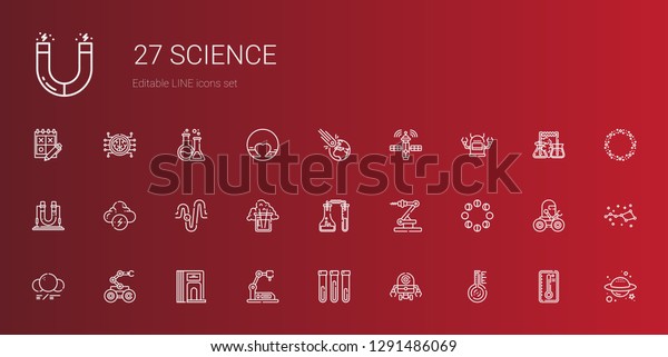 science\
icons set. Collection of science with thermometer, robot, test\
tube, industrial robot, divider, molecule, moon phases, flask,\
physics. Editable and scalable science\
icons.
