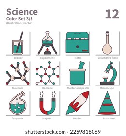 Satz für Wissenschaftssymbole, Farbe, Vektorgrafik und Illustration 3