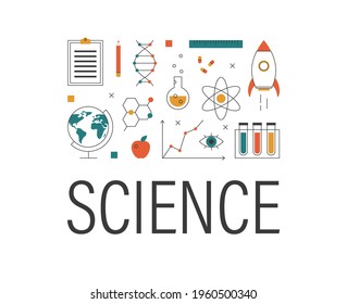 Iconos de ciencia establecidos en línea plana. Investigación científica, descubrimiento, concepto de innovación. Colección sobre química, física, biología, biotecnología, farmacología. Ilustración vectorial plana aislada
