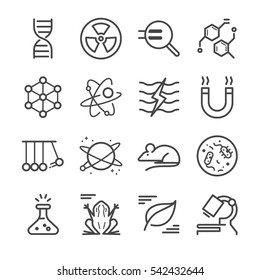 Science icons set. Included the icons as biology, mathematics, physics, chemistry, formula, chromosomes and more.