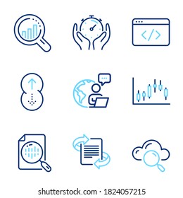 Science icons set. Included icon as Cloud computing, Analytics chart, Seo analysis signs. Timer, Candlestick graph, Marketing symbols. Swipe up, Seo script line icons. Line icons set. Vector