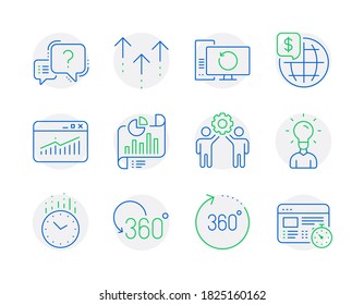 Science icons set. Included icon as Time, World money, Full rotation signs. Report document, Recovery computer, Employees teamwork symbols. Education, Question mark, Website statistics. Vector