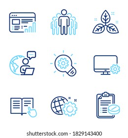 Science icons set. Included icon as Fair trade, Monitor settings, Cogwheel signs. Group, Web report, Read instruction symbols. Seo gear, Medical prescription line icons. Line icons set. Vector