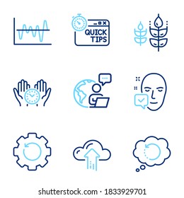 Science icons set. Included icon as Safe time, Stock analysis, Recovery gear signs. Cloud upload, Gluten free, Recovery data symbols. Face accepted, Quick tips line icons. Line icons set. Vector