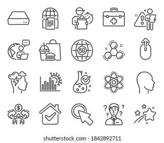 Science icons set. Included icon as 5g internet, Mini pc, Click here signs. Head, First aid, Support consultant symbols. Swipe up, Chemistry lab, Mindfulness stress. Internet documents. Vector