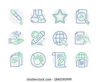 Science icons set. Included icon as Internet, Do not touch, Chemistry lab signs. Project edit, Star, Feather symbols. Analytics graph, Wind energy, Document attachment. Hold document. Vector