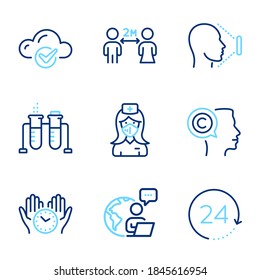 Science icons set. Included icon as Writer, Safe time, Chemistry beaker signs. Nurse, Face id, Cloud computing symbols. 24 hours, Social distancing line icons. Copyrighter, Hold clock. Vector