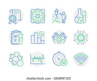 Science Icons Set. Included Icon As Decreasing Graph, Employee Hand, 5g Internet Signs. Chemistry Lab, Stock Analysis, Integrity Symbols. Medical Analyzes, Computer Fan, Coronavirus. Vector