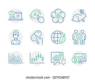 Science icons set. Included icon as Doctor, Candlestick graph, Accounting signs. Investment graph, Capsule pill, Animal tested symbols. Online help, Employees teamwork, Ab testing. Vector