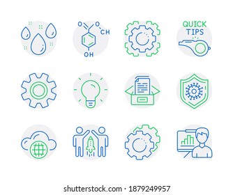 Science icons set. Included icon as Cloud computing, Service, Settings gears signs. Light bulb, Chemical formula, Documents box symbols. Partnership, Coronavirus protection, Seo gear. Vector