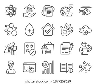 Science icons set. Included icon as 5g wifi, Cloud computing, Integrity signs. Medical helicopter, Oil serum, Signing document symbols. Social responsibility, Medical mask, Atom. Stay home. Vector